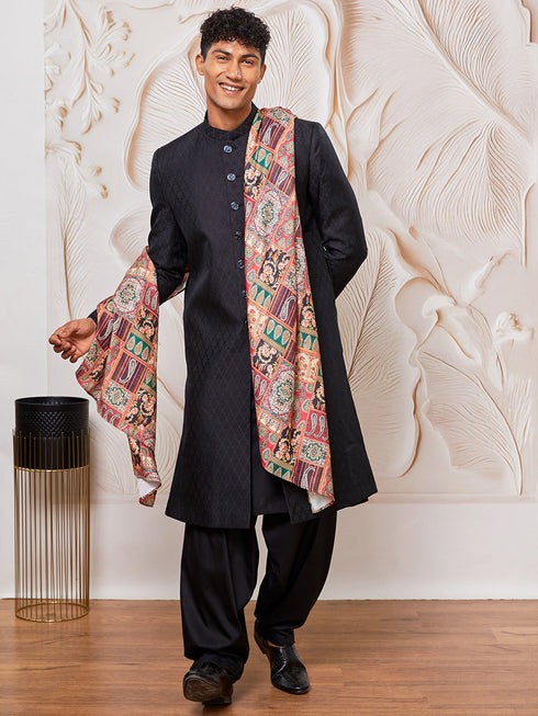 Men's Black Silk Blend Sherwani, Kurta And Patiala Set